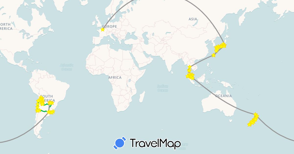 TravelMap itinerary: driving, bus, plane, train, hiking, boat, hitchhiking in Argentina, Bolivia, Chile, France, Indonesia, Japan, Malaysia, New Zealand, Paraguay, Singapore, Thailand, Uruguay (Asia, Europe, Oceania, South America)